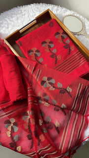 Ethereal Threads Red Jamdani Muga Silk Unstitched Suit Set